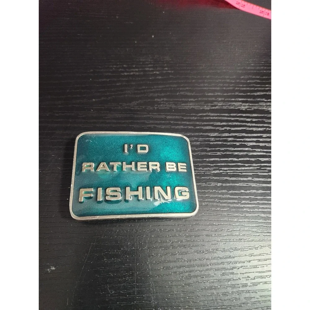 Vintage I D Rather Be Fishing Belt Buckle 1971‎ Pewter Tone
